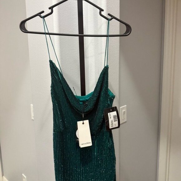 Retrofete Katya Dress Green Sz Small Sequins Gown Cowl Neckline High Slit $795 - Picture 3 of 12